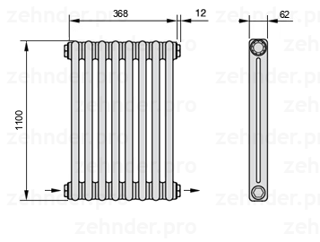 Схема (чертеж) Радиатор Zehnder Charleston 2110/8 №2670 Белый глянцевый RAL 9016